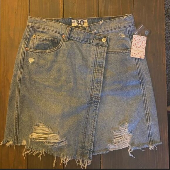 Free People Parker Wrap Distressed Denim Skirt - Picture 2 of 6